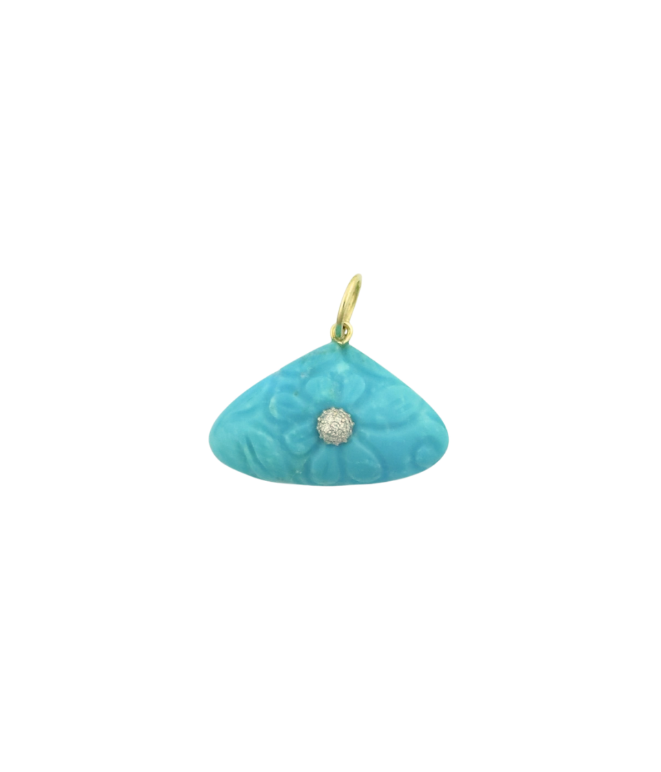 14K Gold Floral Carved Triangle Turquoise Diamond Pendant