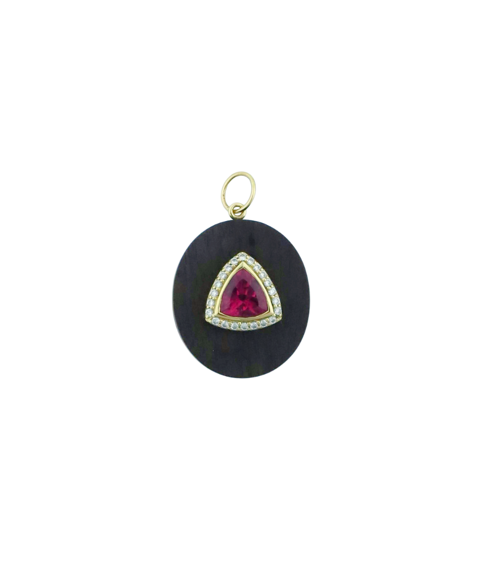 14K Gold Diamond Pink Tourmaline Wood Charm