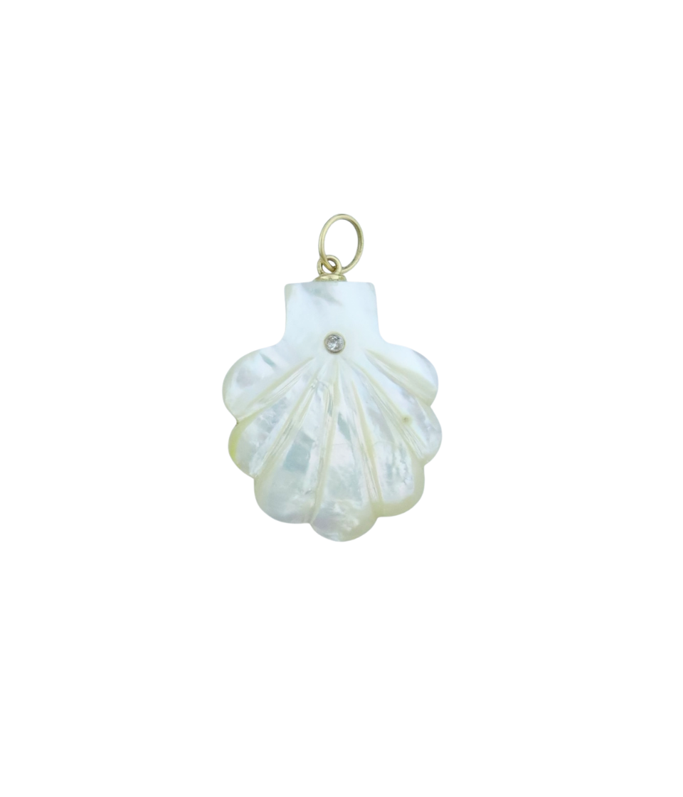 14K Gold Diamond Mother of Pearl Carved Scallop Shell Pendant