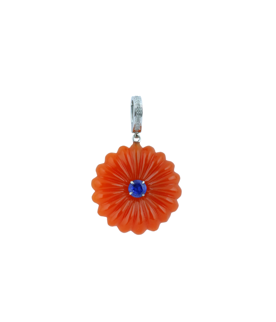 Silver Diamond Carved Carnelian Flower Pendant