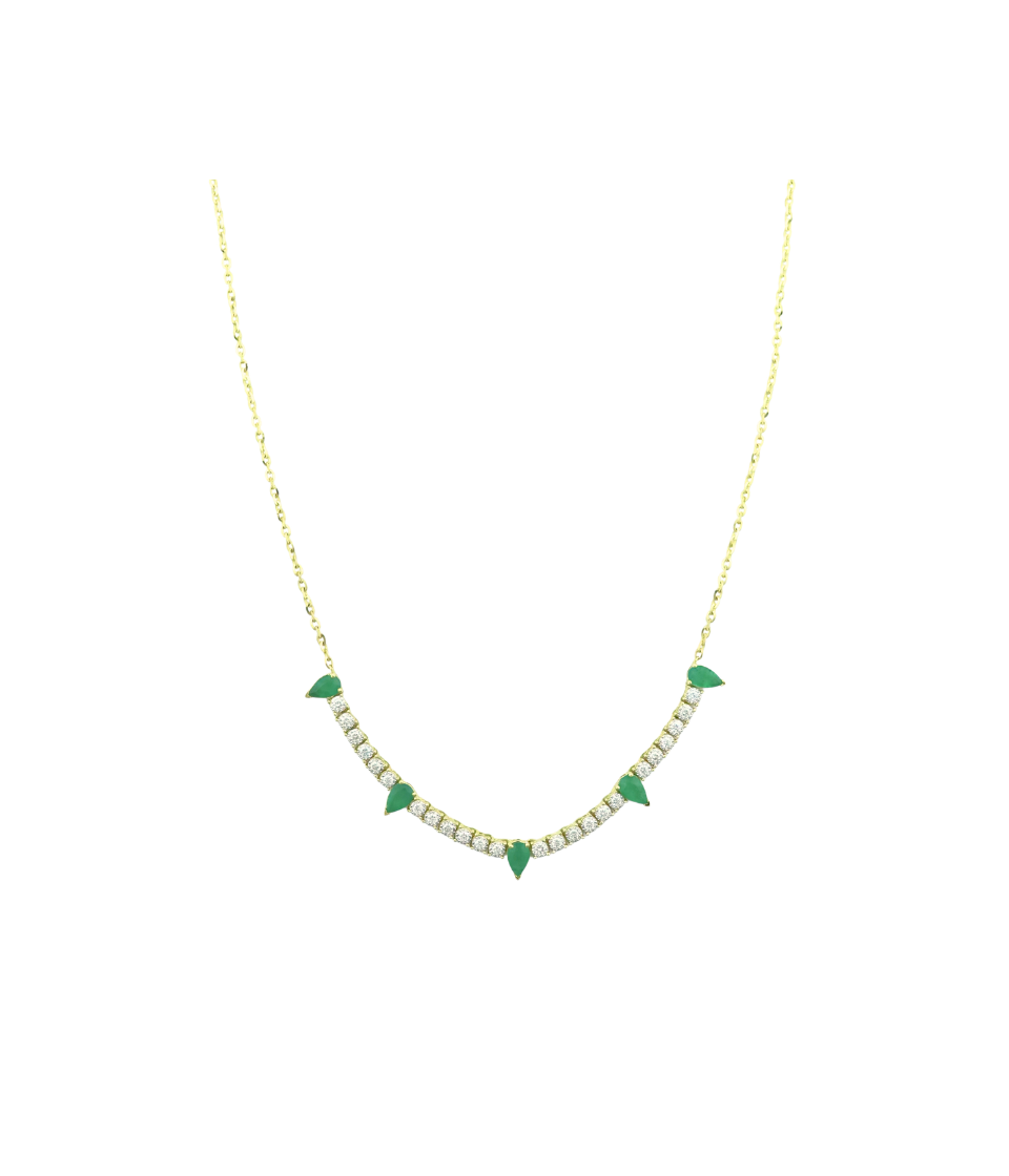 Mini 14K Gold Pear Emerald Diamond Tennis Necklace