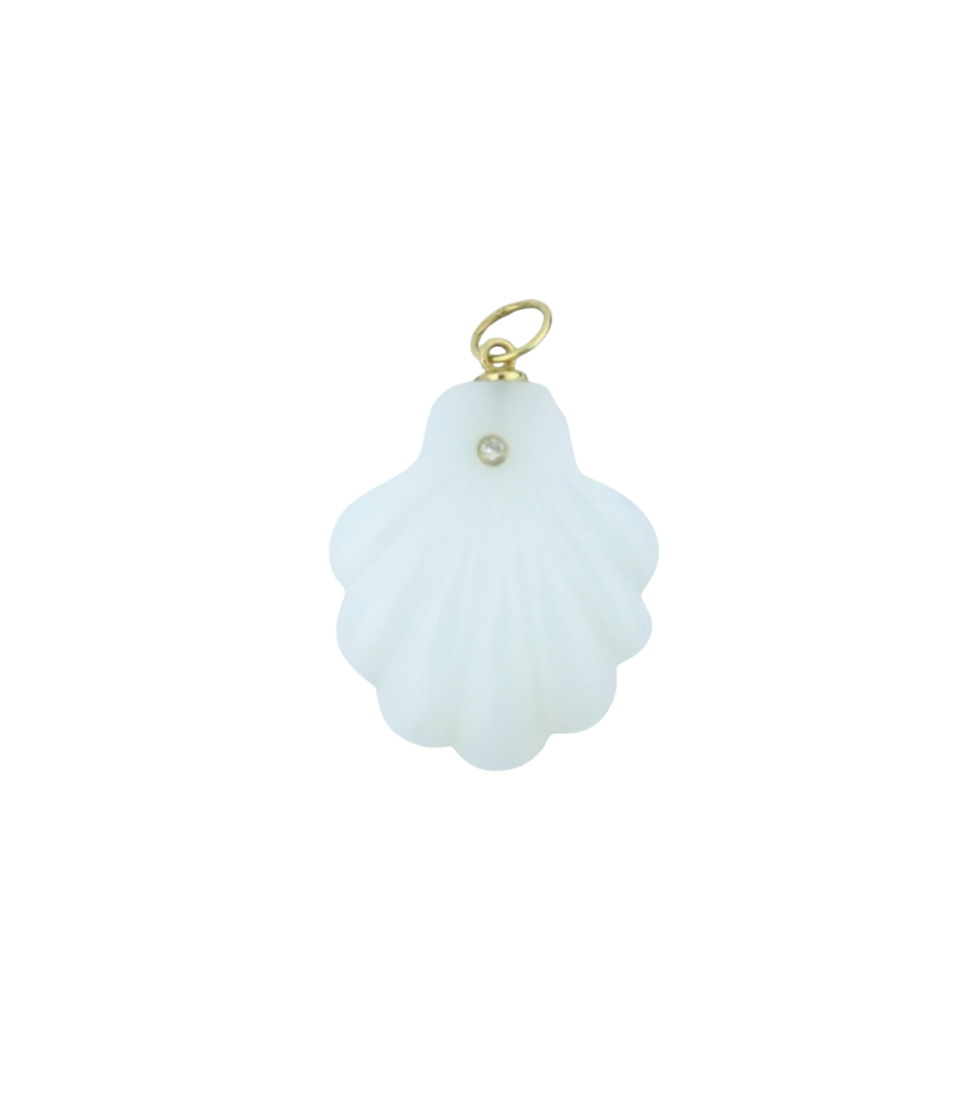 14K Gold Diamond White Opal Carved Scallop Shell Pendant