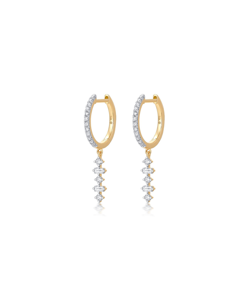 14mm 14K Gold 5 Mix Shape Diamond Dangle Huggies