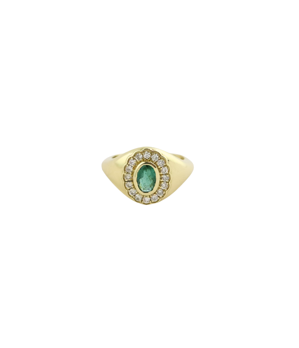 14K Gold Oval Emerald & Diamond Framed Signet Ring