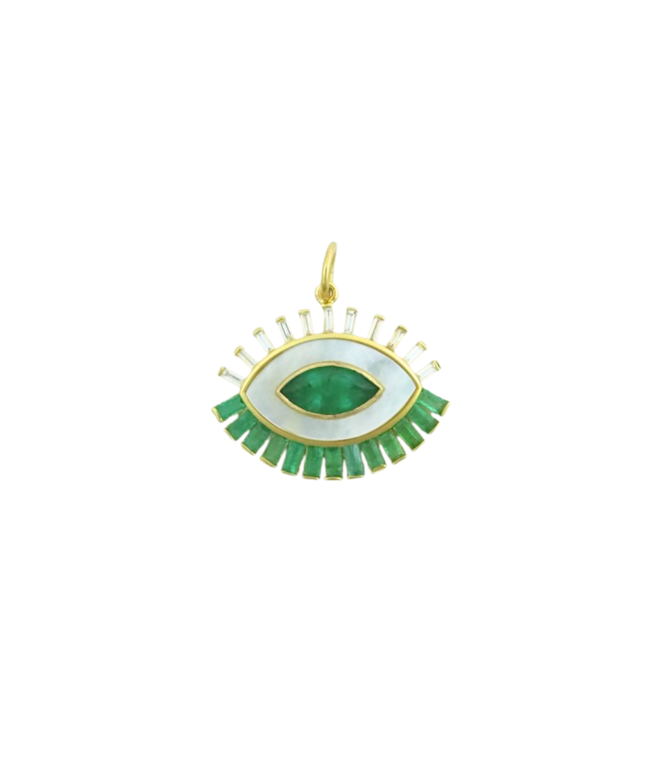 14K Gold Mother of Pearl Baguette Emerald Evil Eye Charm