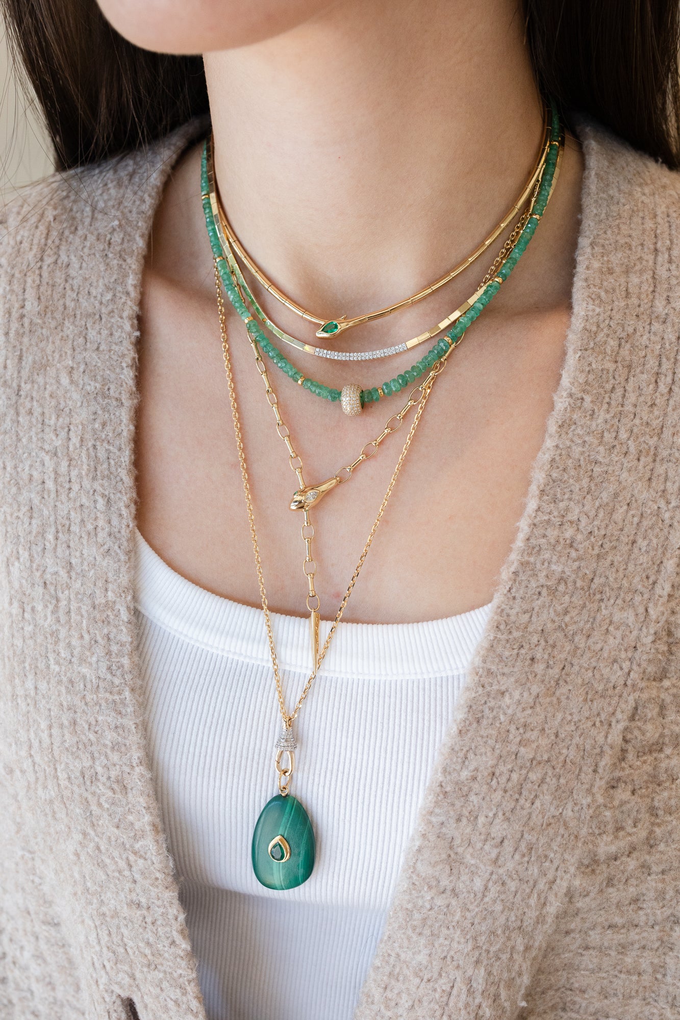 14K Gold Link + Oval Snake .11ct Diamond Lariat Necklace