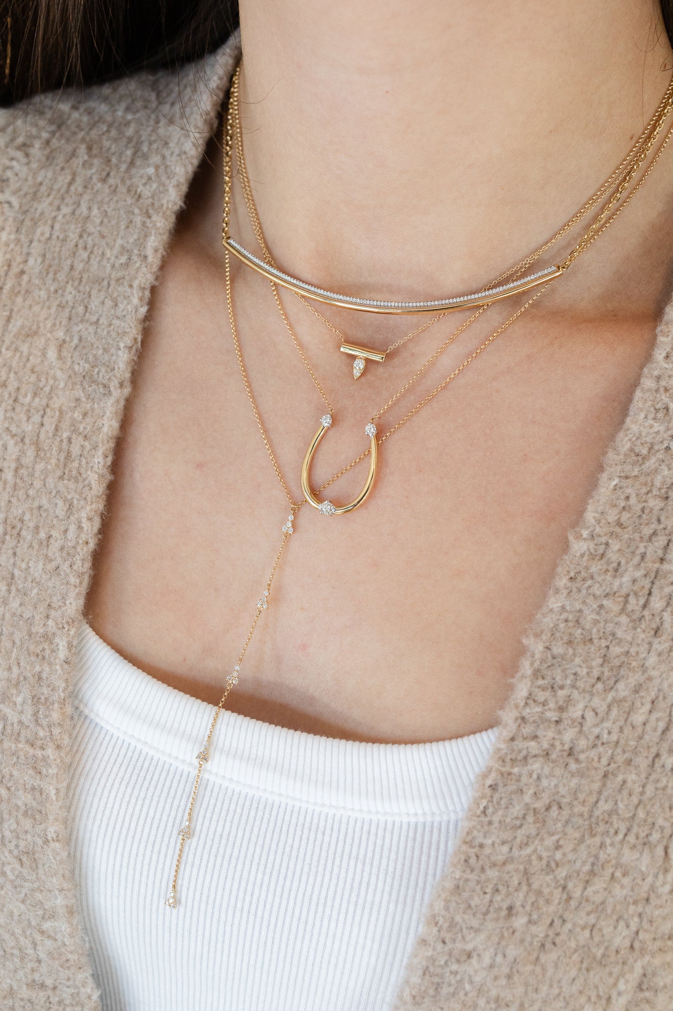 14K Gold Curved Top Diamond Bar Choker Necklace