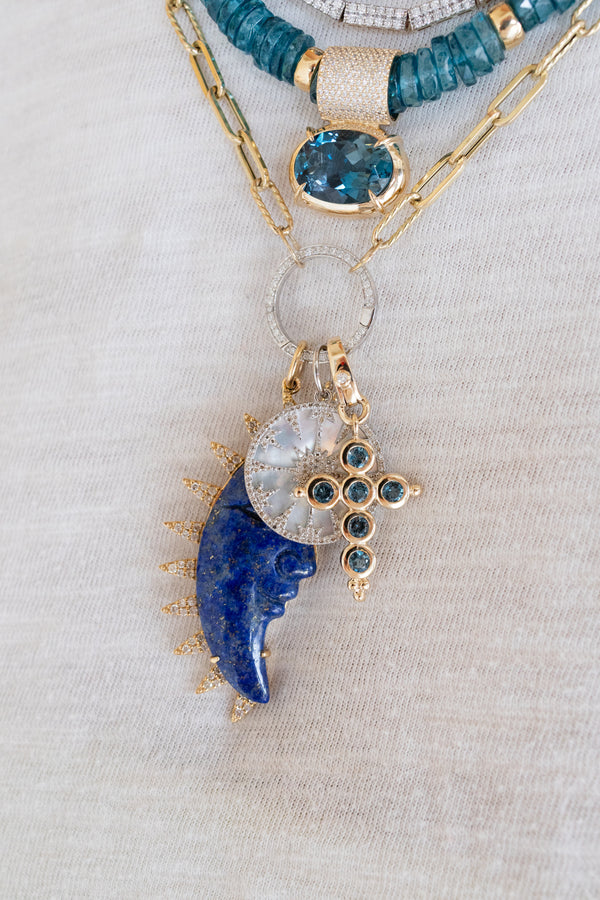 14K Gold London Blue Topaz Bezel Cross Charm