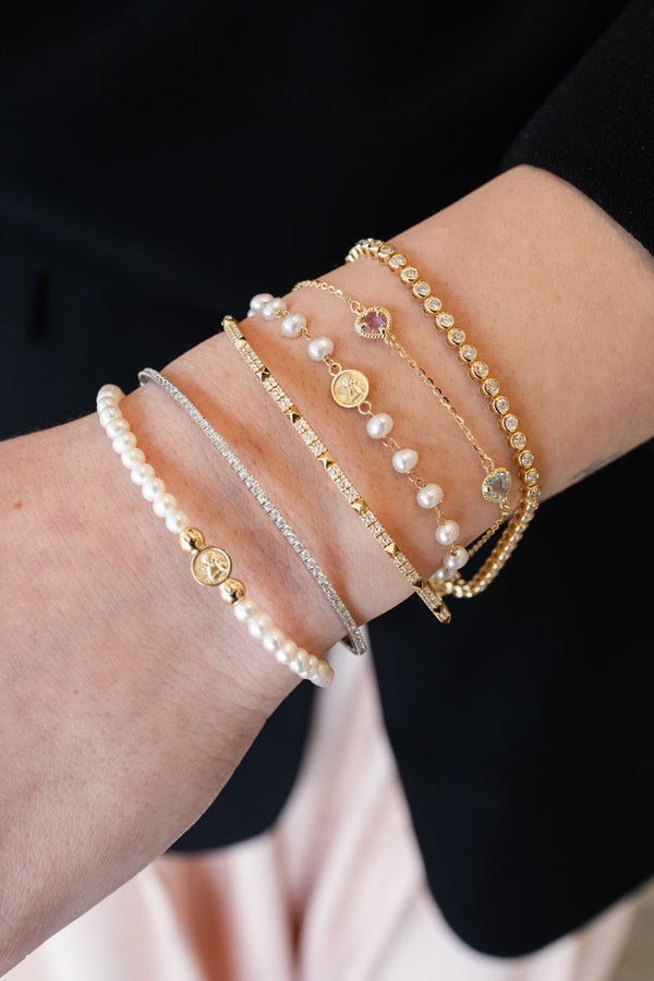 Mini 14K Gold Guardian Angel Stretchy Pearl Bracelet
