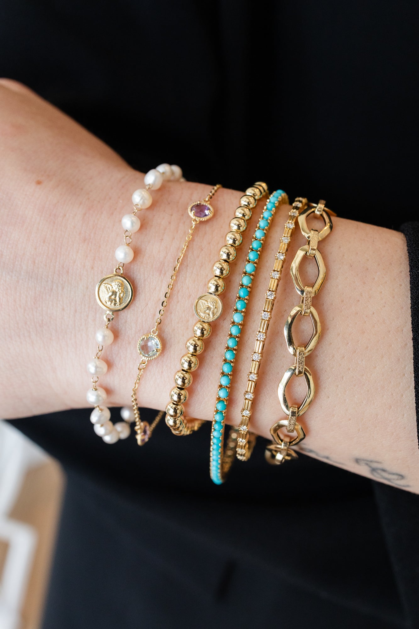 14K Gold Round Amethyst + Blue Topaz Bracelet