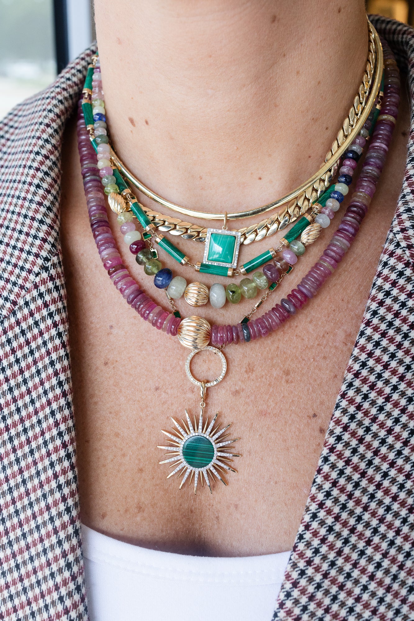 Heishi Cranberry Sapphire Mix Rondelle Necklace