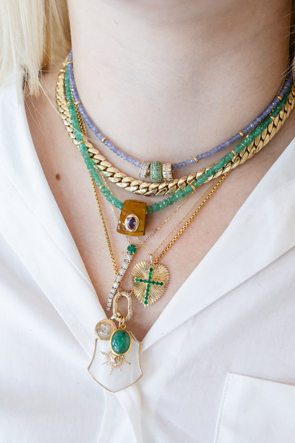 14K Gold Fanned Heart Emerald Cross Necklace