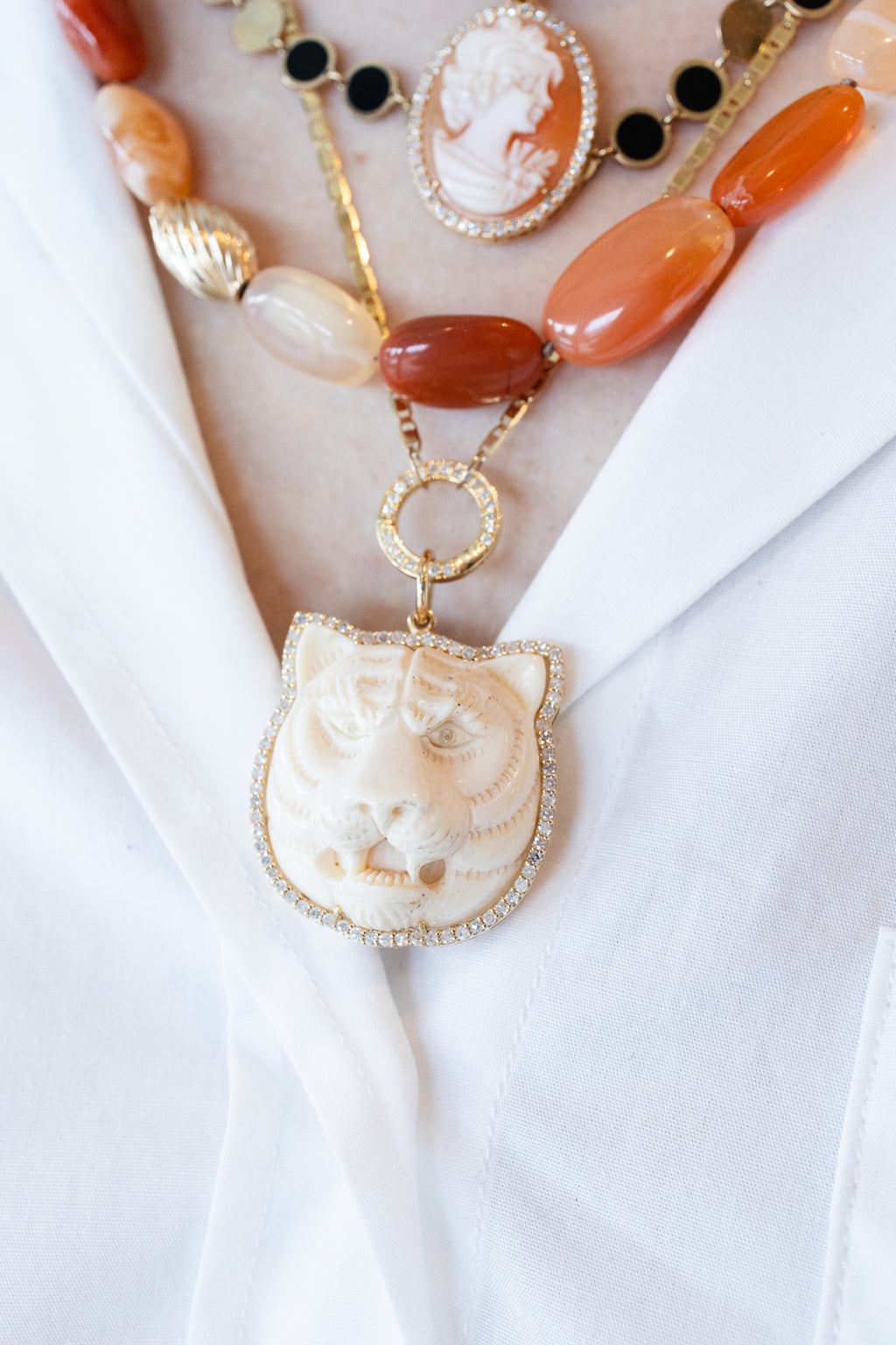 14K Gold Carved Mammoth Ivory Tiger Pendant