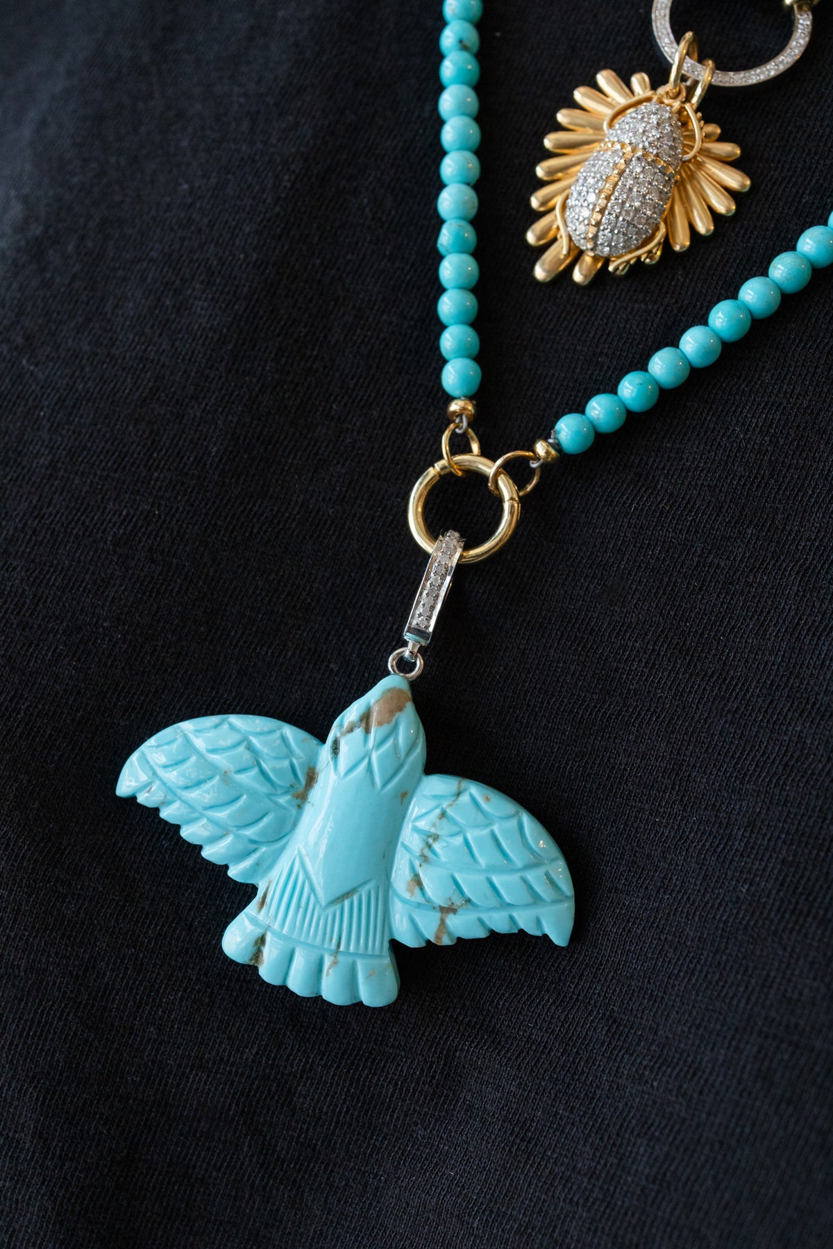 XL Carved Turquoise Thunderbird Silver Diamond Charm