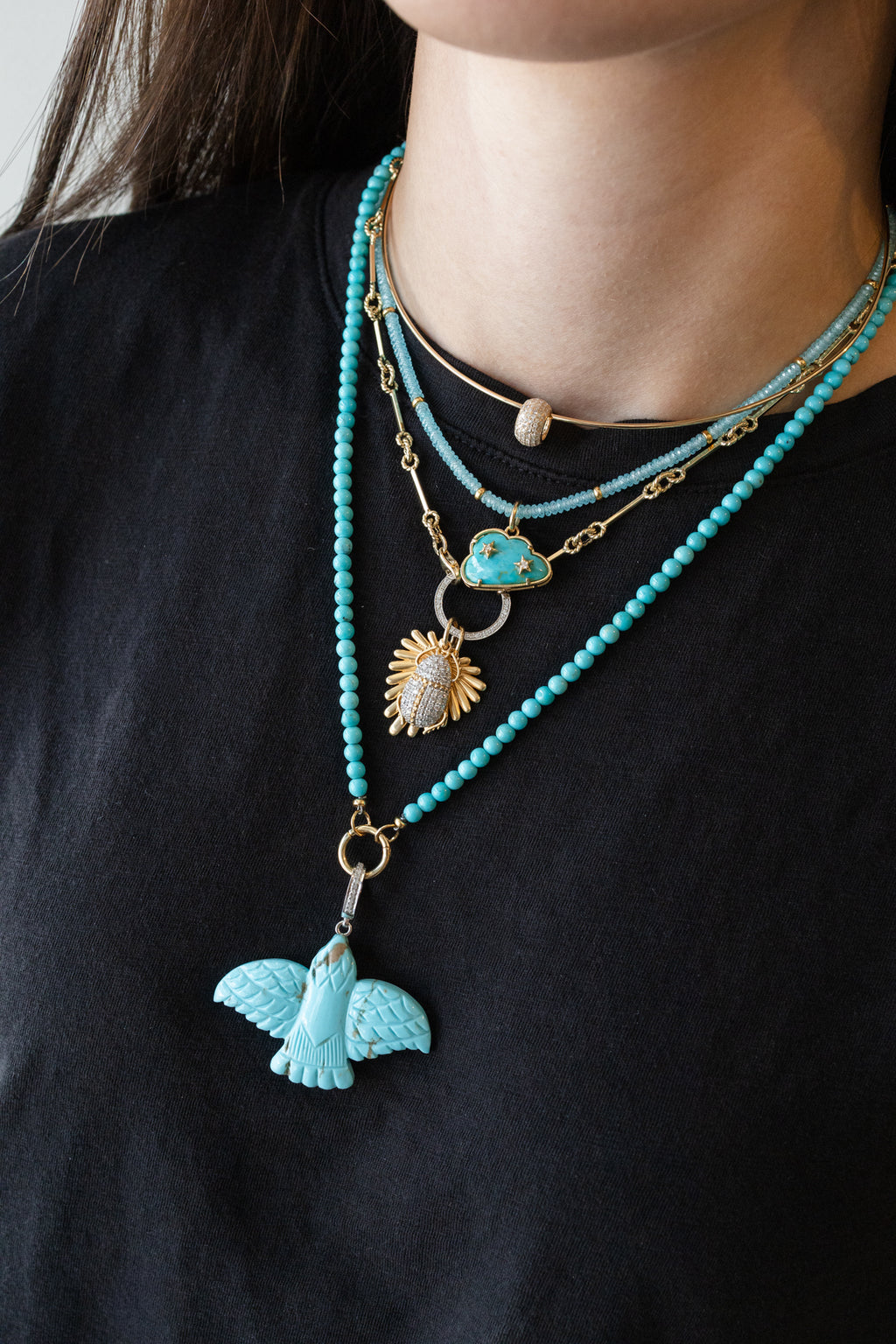 XL Carved Turquoise Thunderbird Silver Diamond Charm