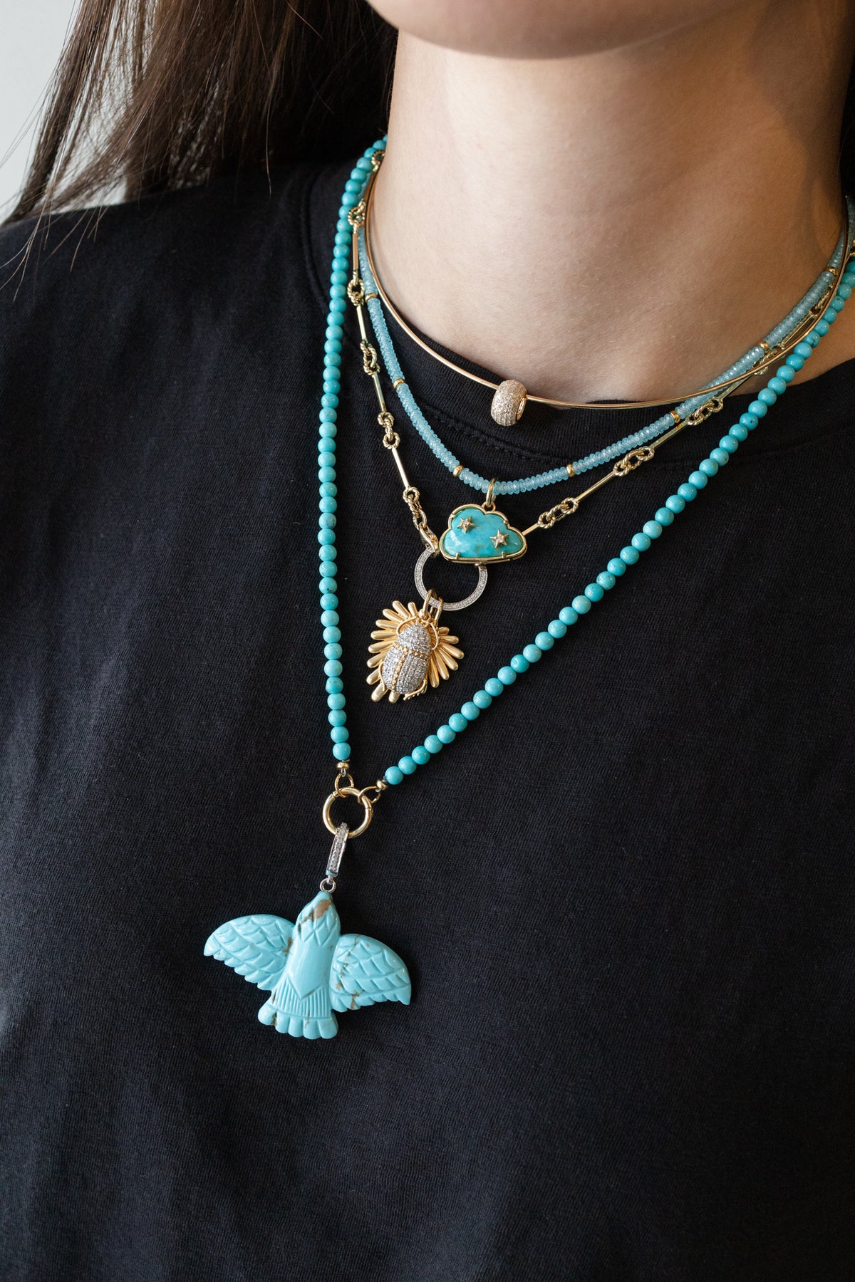XL Carved Turquoise Thunderbird Silver Diamond Charm
