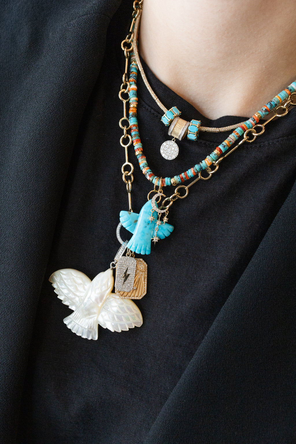 XL Carved Mother of Pearl Thunderbird Silver Diamond Charm