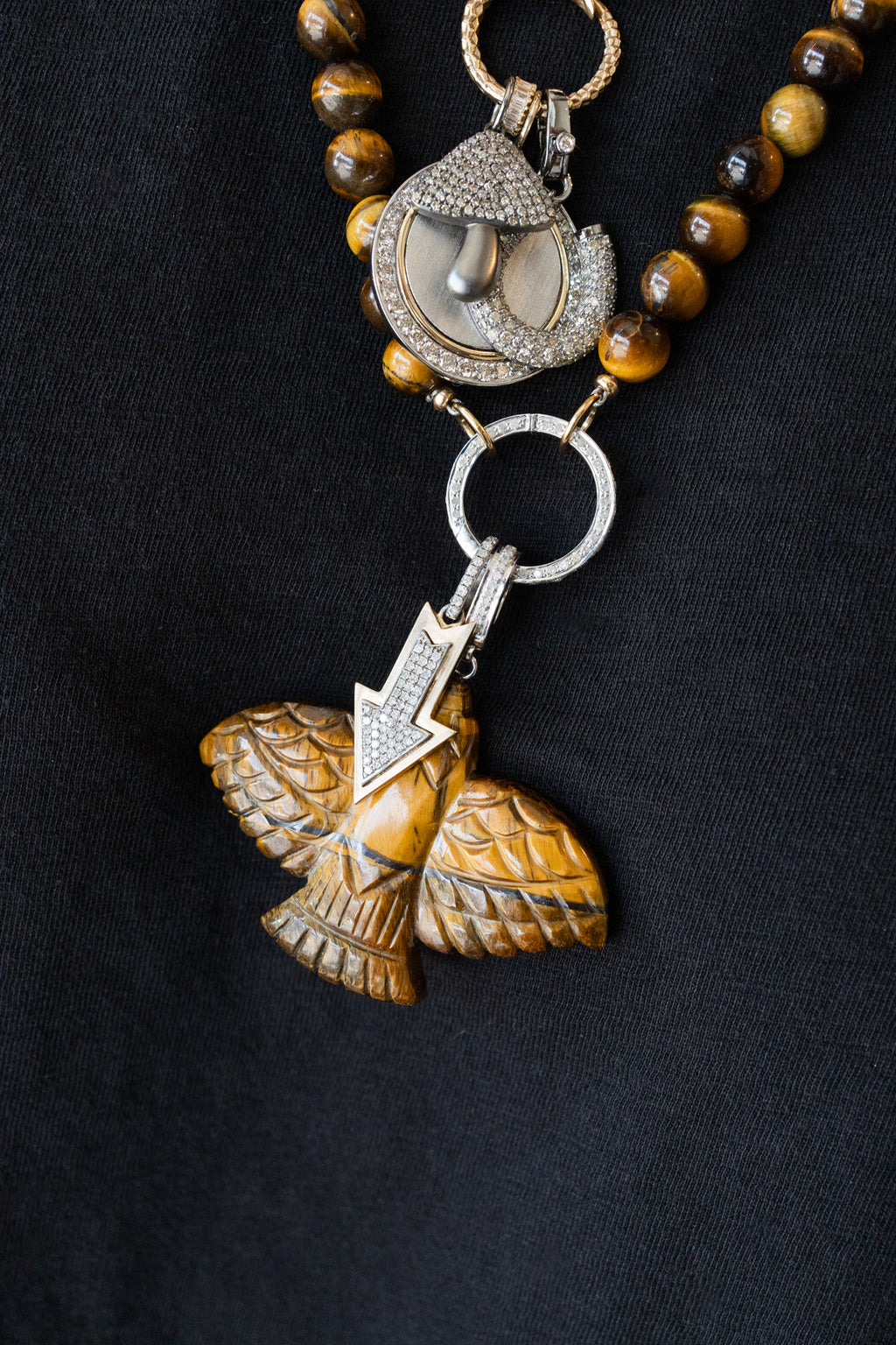 XL Carved Tiger's Eye Thunderbird Silver Diamond Charm