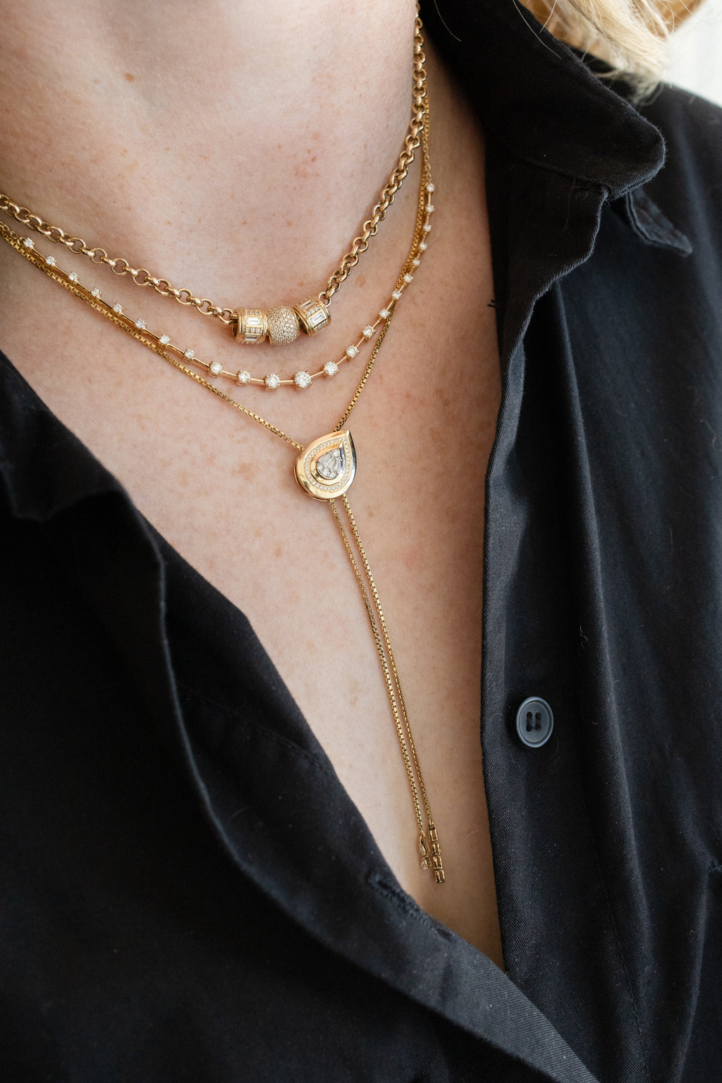 14K Gold Teardrop Baguette Bolo Lariat Necklace