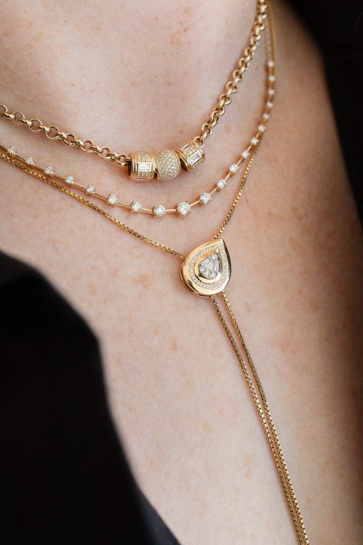 14K Gold Teardrop Baguette Bolo Lariat Necklace