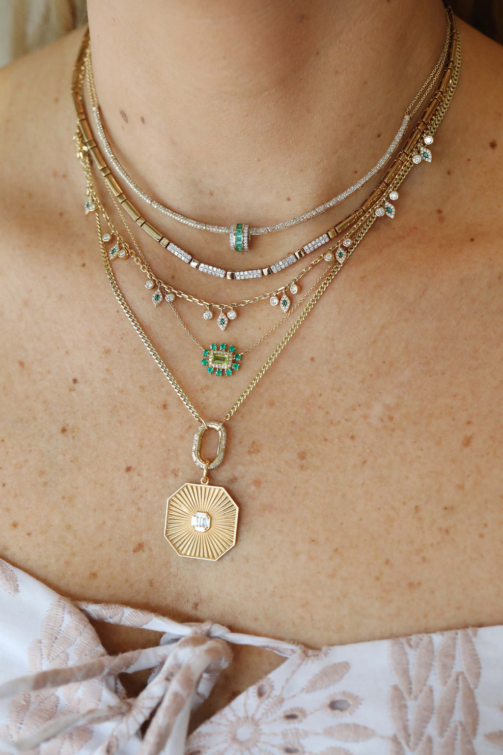 14K Gold Emerald Evil Eye .9ct Diamond Bezel Charm Necklace
