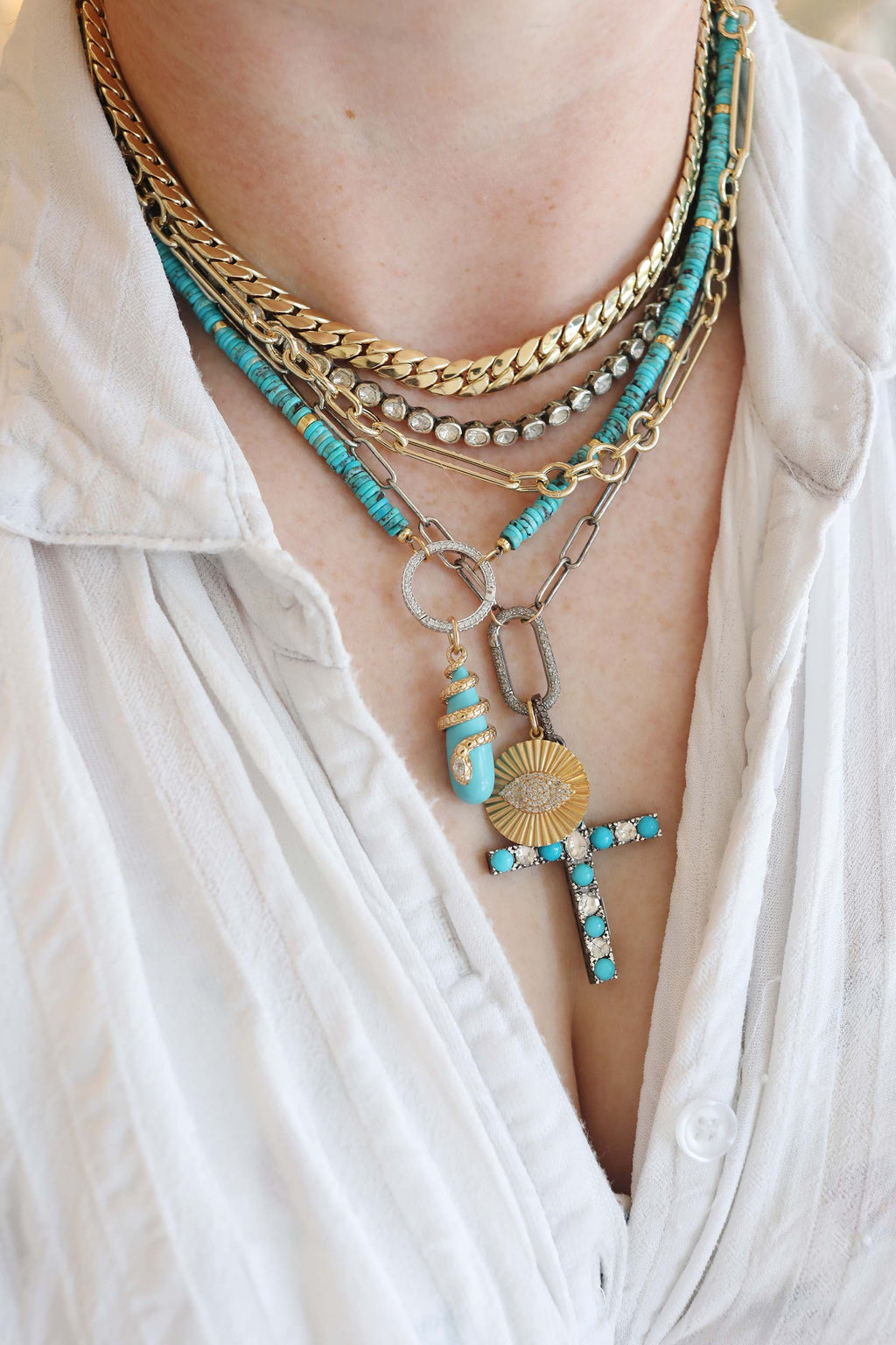 Silver Polki Diamond & Turquoise Cross Pendant