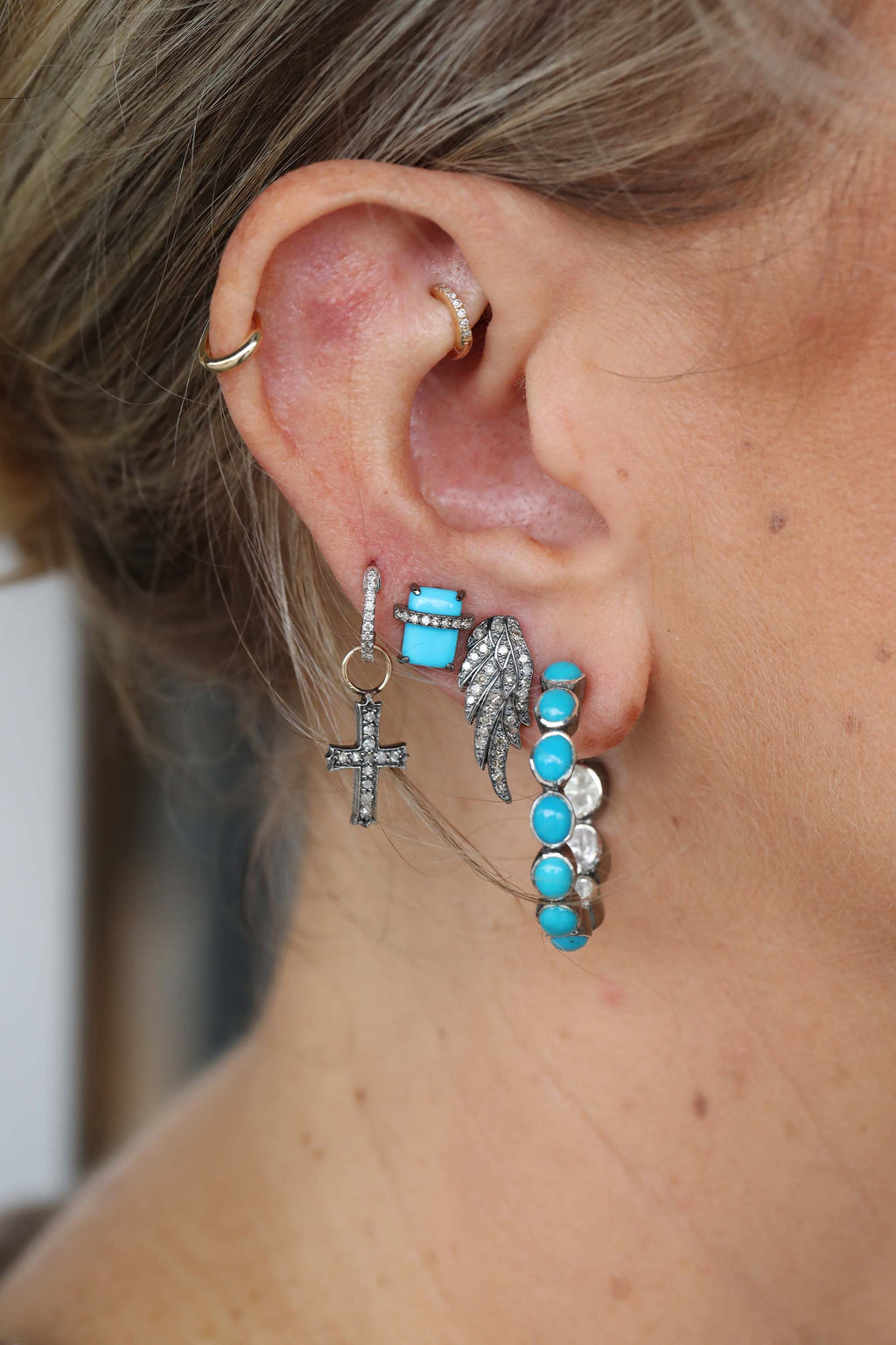 Silver Turquoise Inside Out Polki Diamond Hoop Earrings