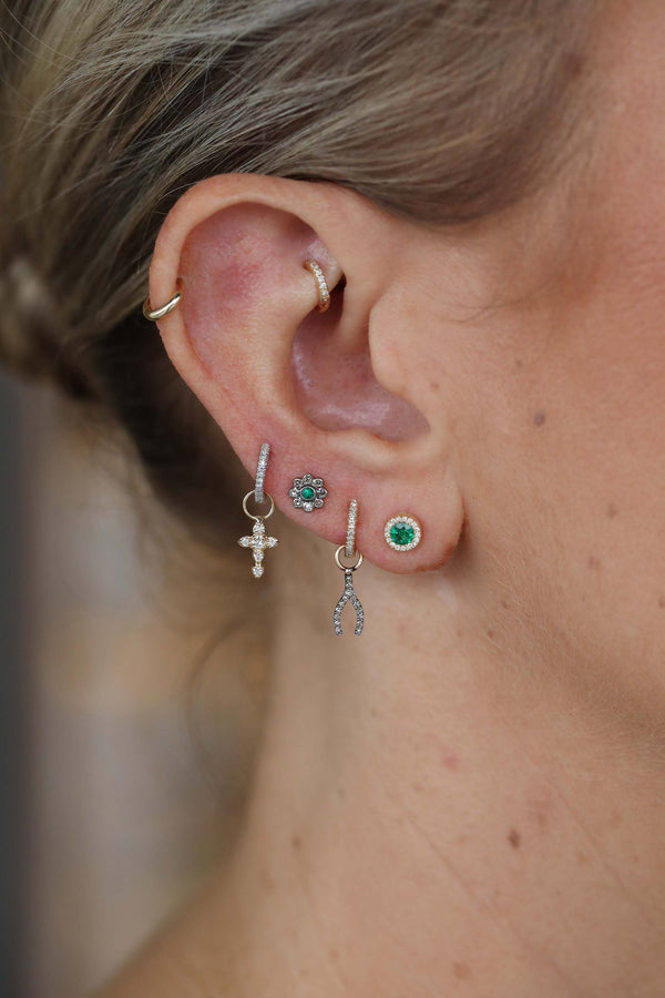 Tiny Silver Diamond Flower Emerald Center Studs