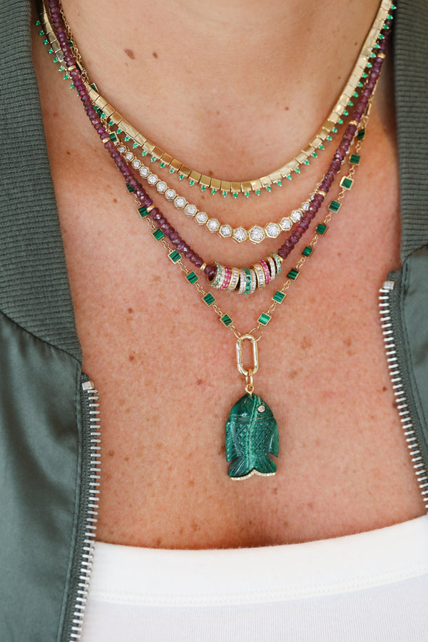 14K Gold Lexi Lock Neckace: Mini Square Malachite Inlay Disco