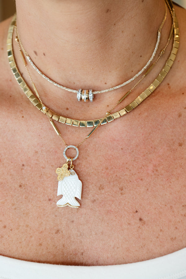 14K Gold Bar Diamond Station Diamond Lock Necklace