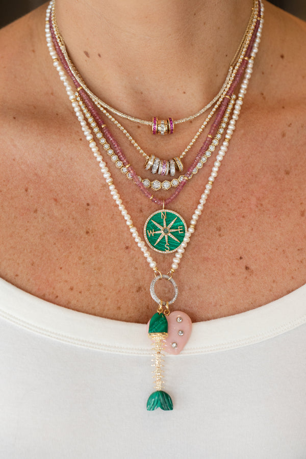 14K Gold Diamond Fish Bone Malachite