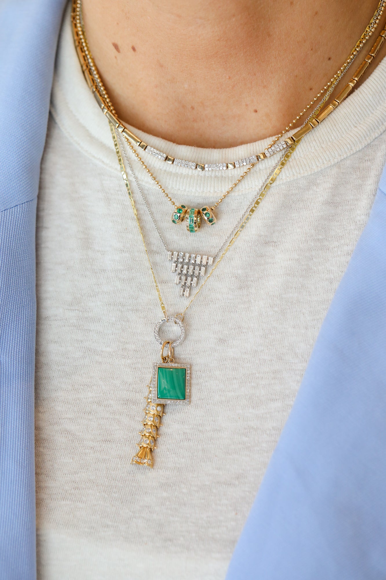 14K Gold Diamond Square Malachite Charm