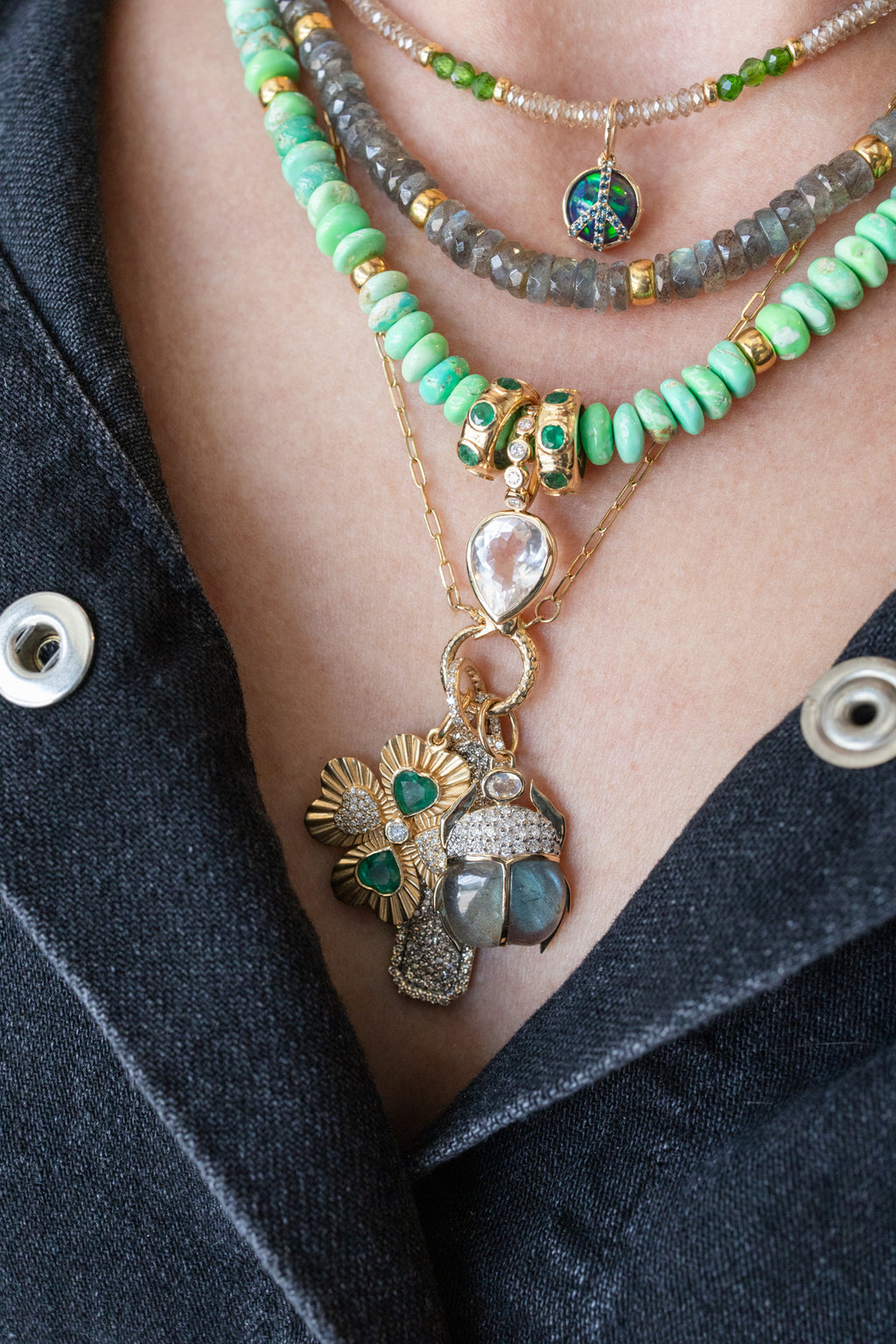 14K Gold Diamond Labradorite Scarab Pendant