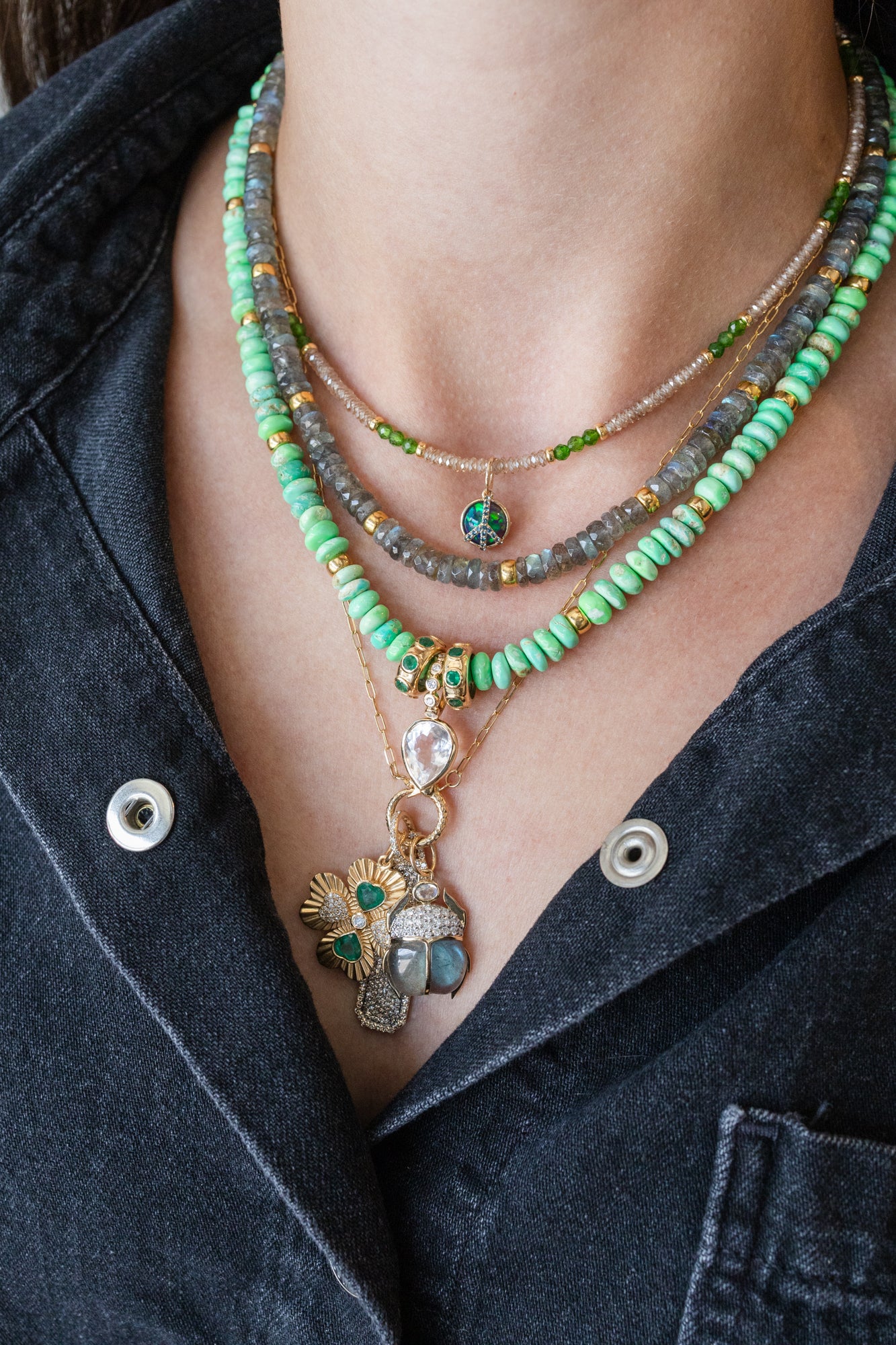 14K Gold Diamond Labradorite Scarab Pendant