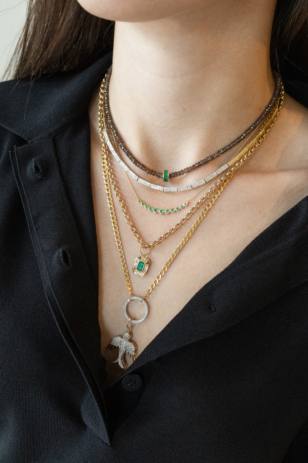 14K Gold Bezel Emerald Curved Bar Necklace