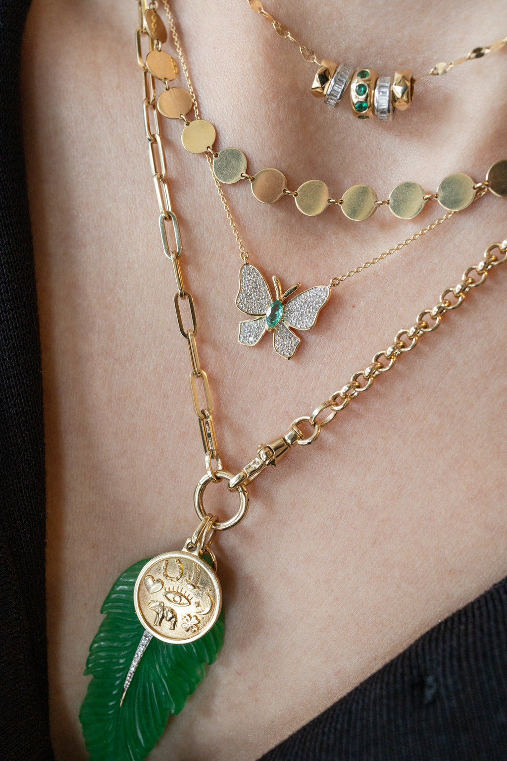 14K Gold Diamond Emerald Pave Butterfly Necklace