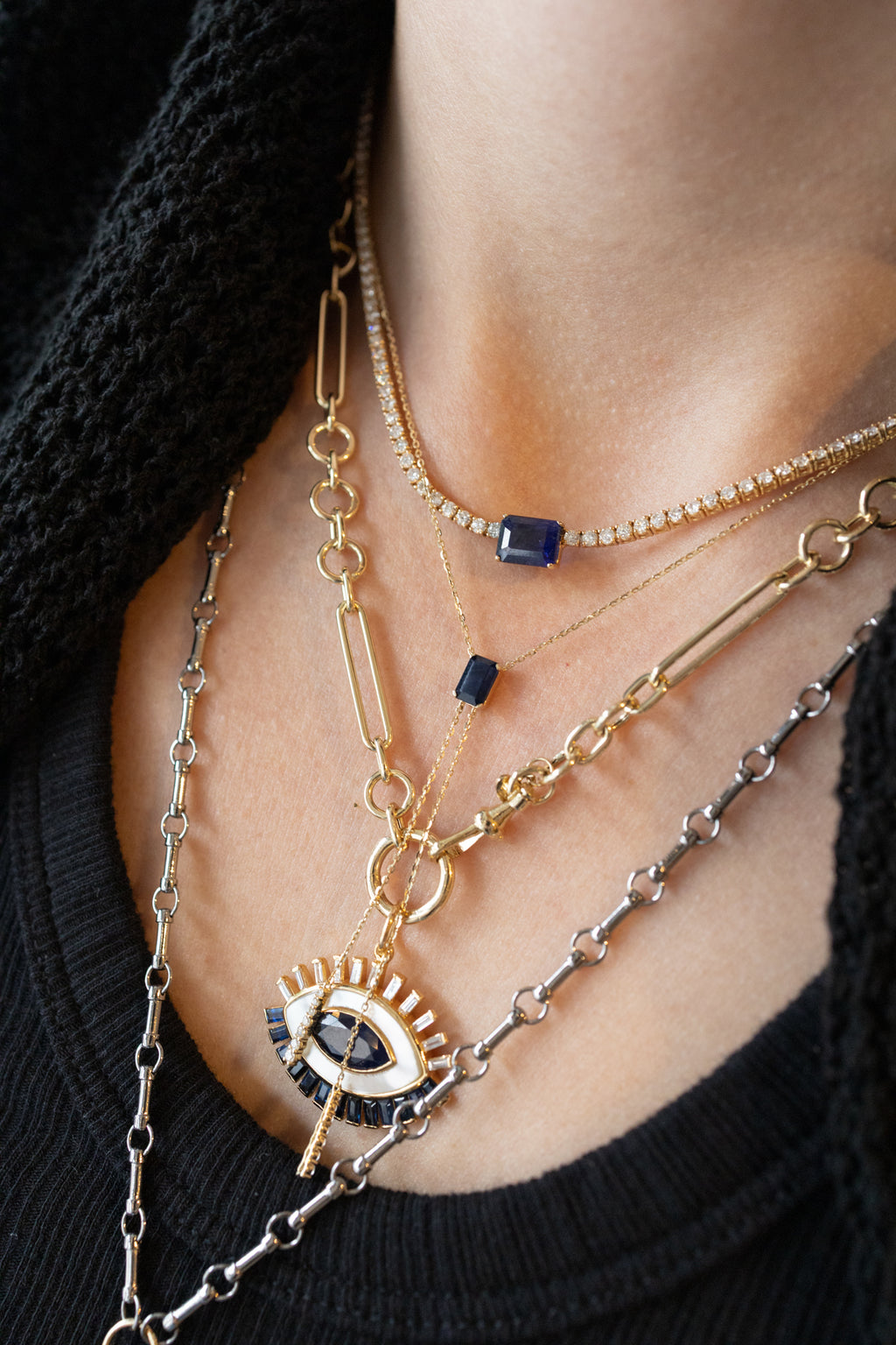 14K Gold Baguette Sapphire Double Lariat Necklace