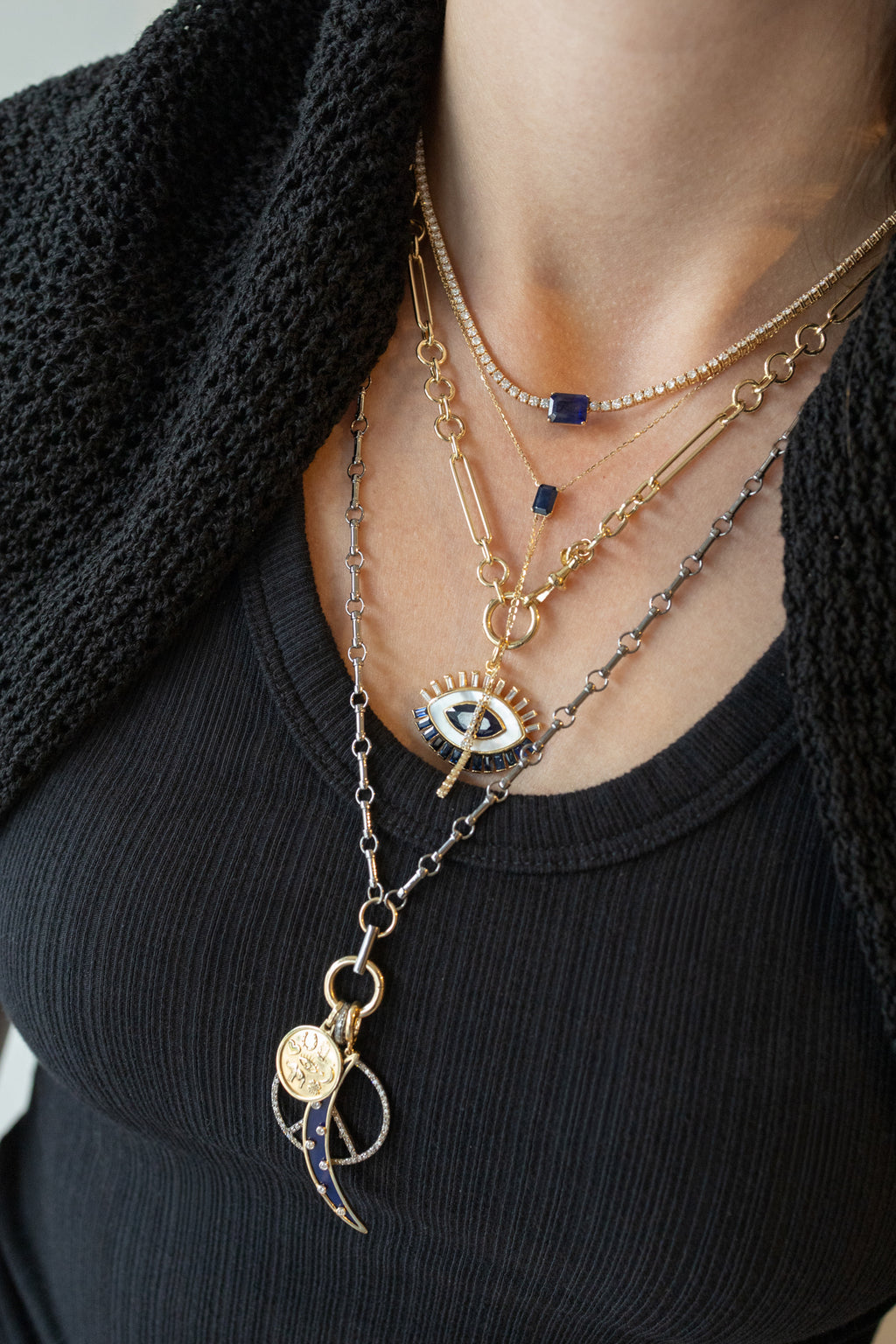 14K Gold 1+7 Mix Link Swivel Clip Lock Necklace