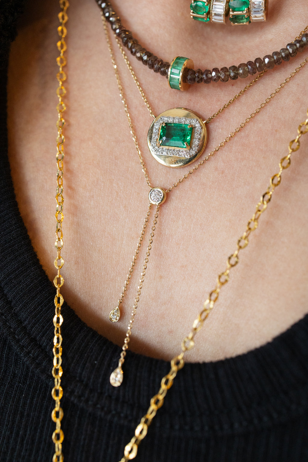 14K Double Chain Drop Diamond Lariat Necklace