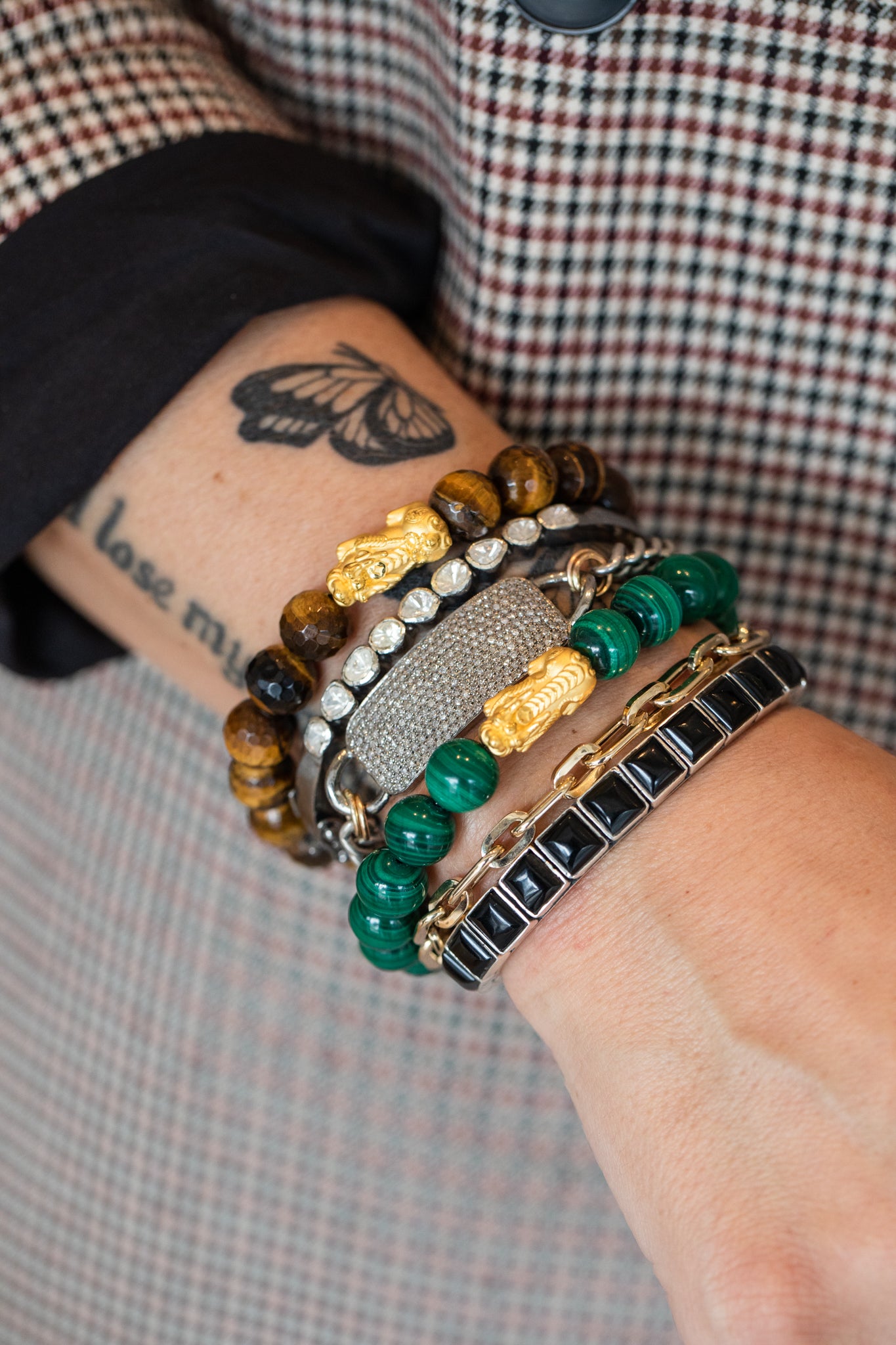 Mens Dark Green Jadeite Jade Bead Bracelet with 24K Gold Tiger– MAYS GEMS