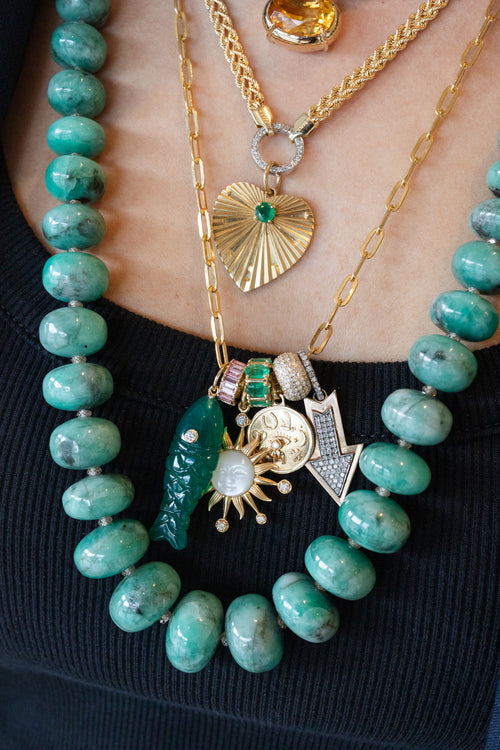 14K Gold Carved Green Onyx Diamond Fish Charm