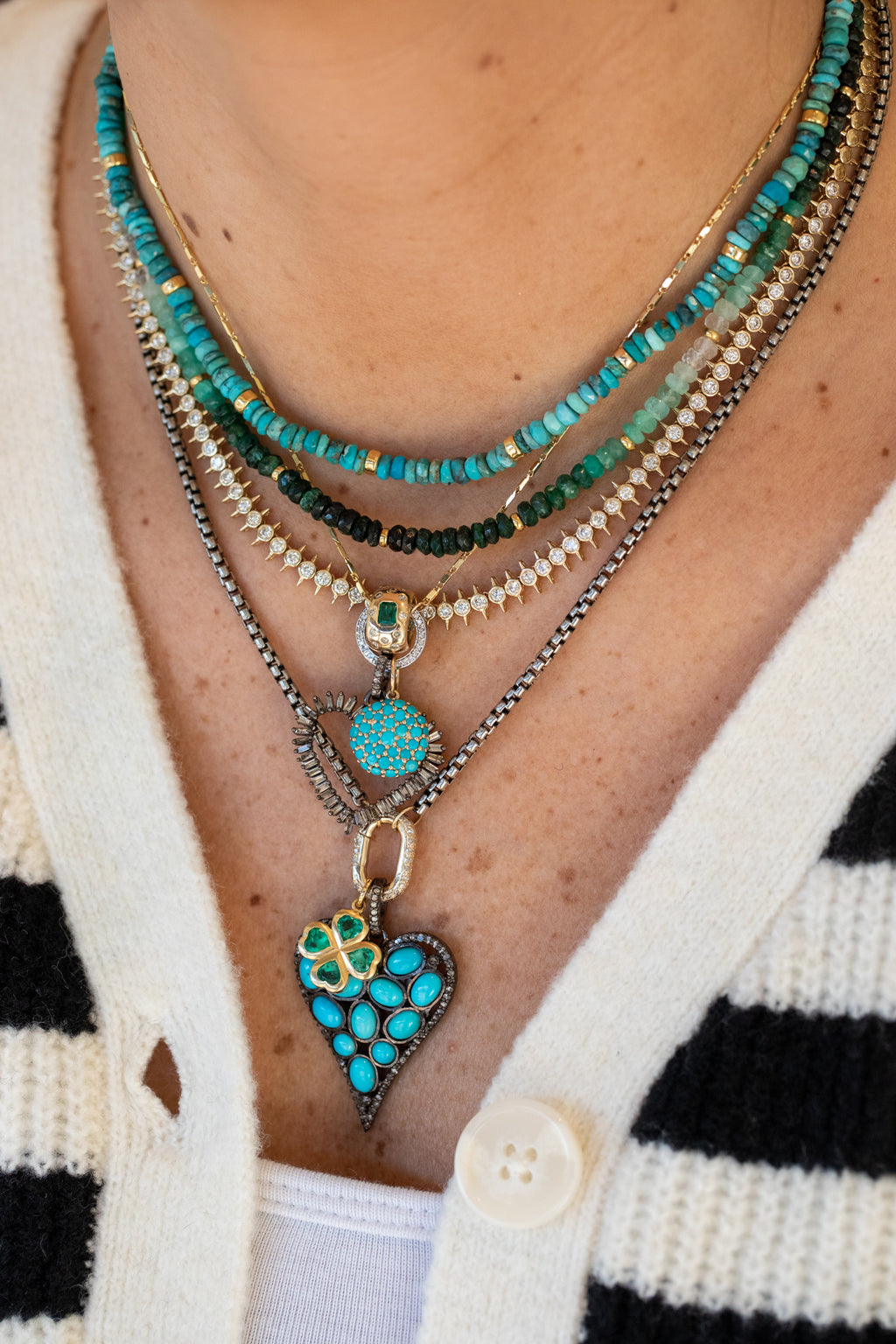 Silver Diamond Cluster Turquoise Elongated Heart Charm