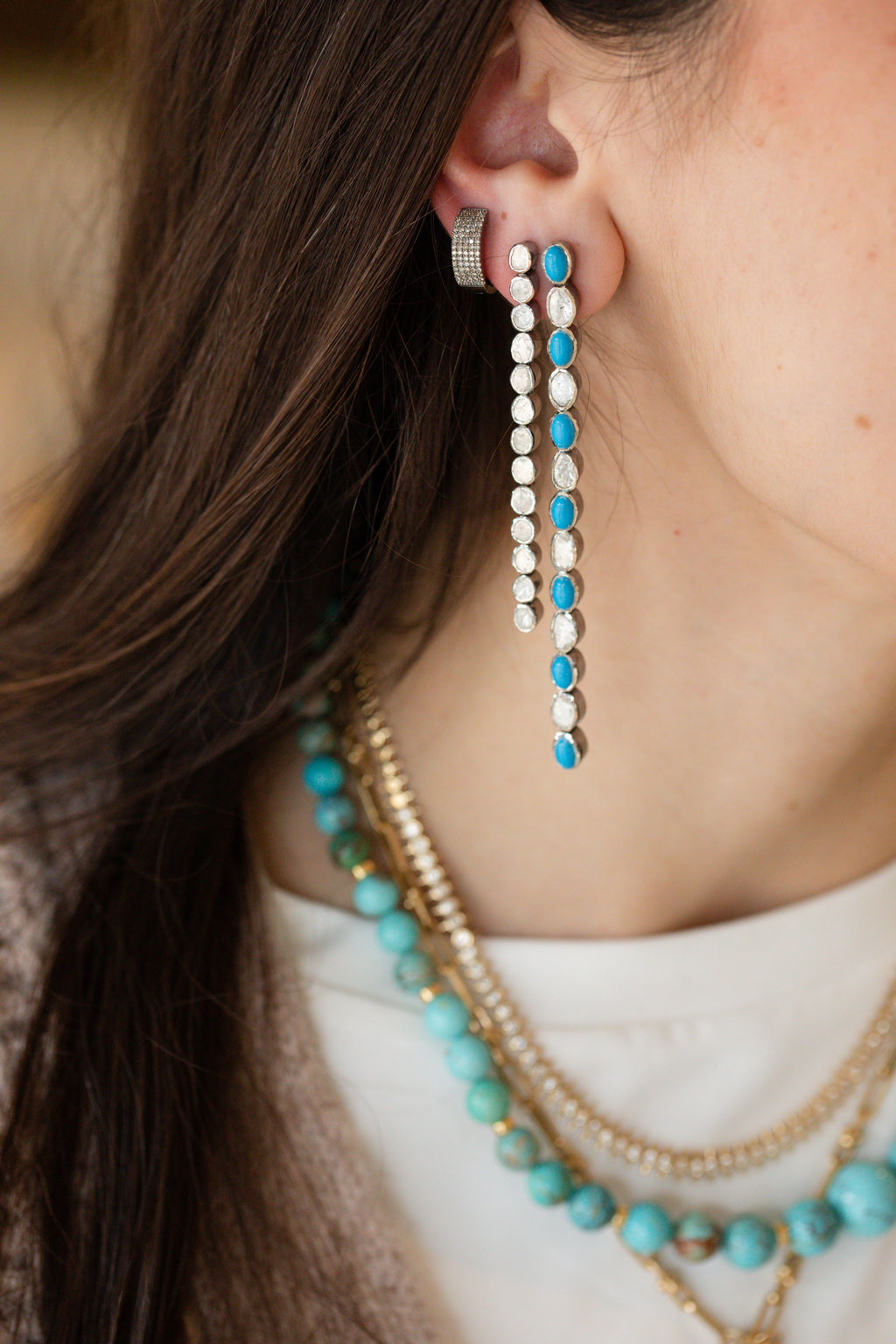 Silver Turquoise Polki Diamond Duster Earrings