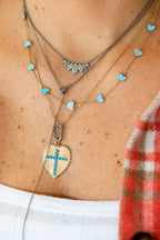 14K Gold Turquoise Cross Fanned Heart Charm