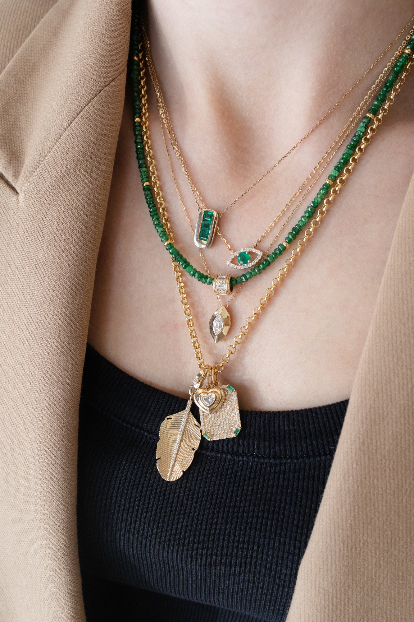 14K Gold Diamond Emerald Evil Eye Necklace