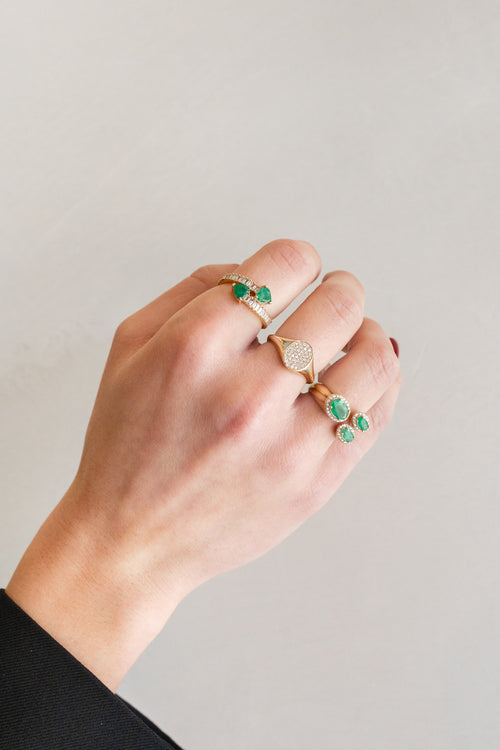 14K Gold 3 Stone Emerald Diamond Ring