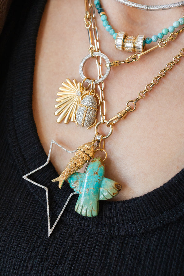 Large 14K Gold Carved Green Turquoise Thunderbird Charm