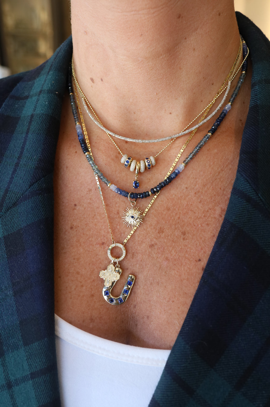 14K Gold Square Blue Sapphire HorseShoe Charm