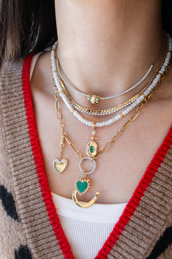 14K Gold Malachite Diamond Heart Charm