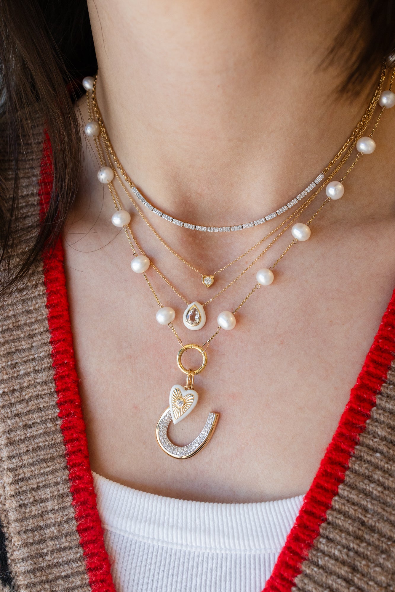 14K Gold White Enamel Edge Diamond Heart Charm